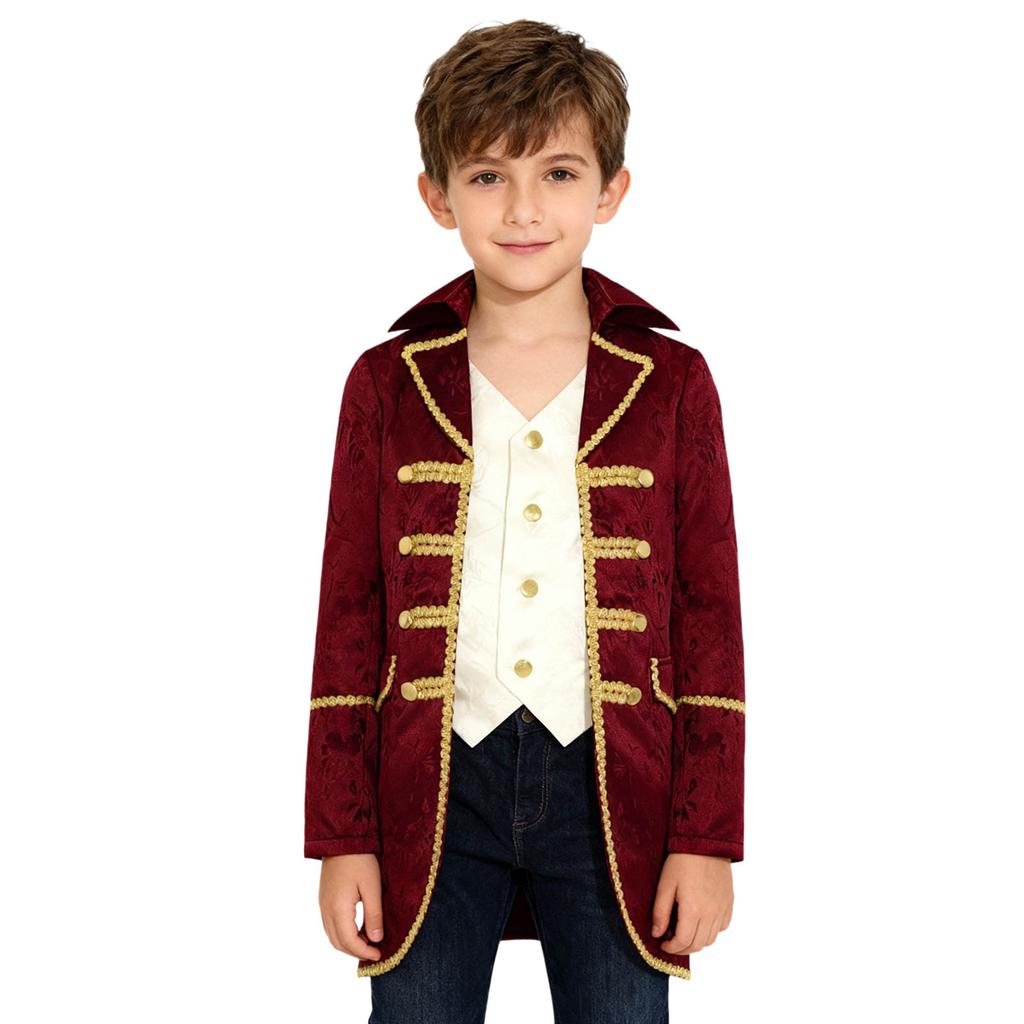 Traje Medieval Vitoriano para Meninos Manga Longa Acabamento Dourado Jaqueta Falsa de Duas Peças Casaco Steampunk Gótico