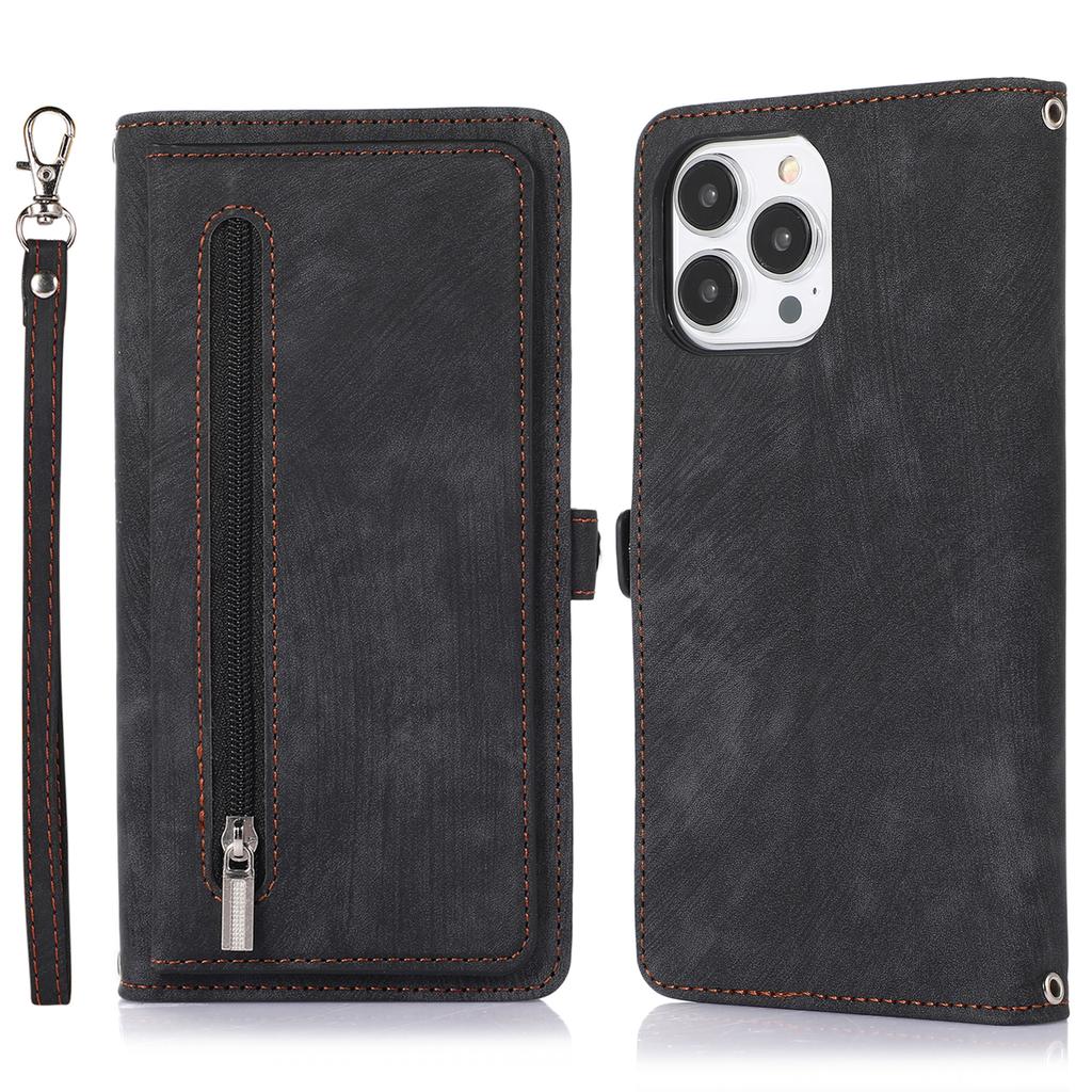 For iPhone 16 Pro Case Zipper Pocket 9 Card Slots PU Leather Phone Cover with Wrist Strap