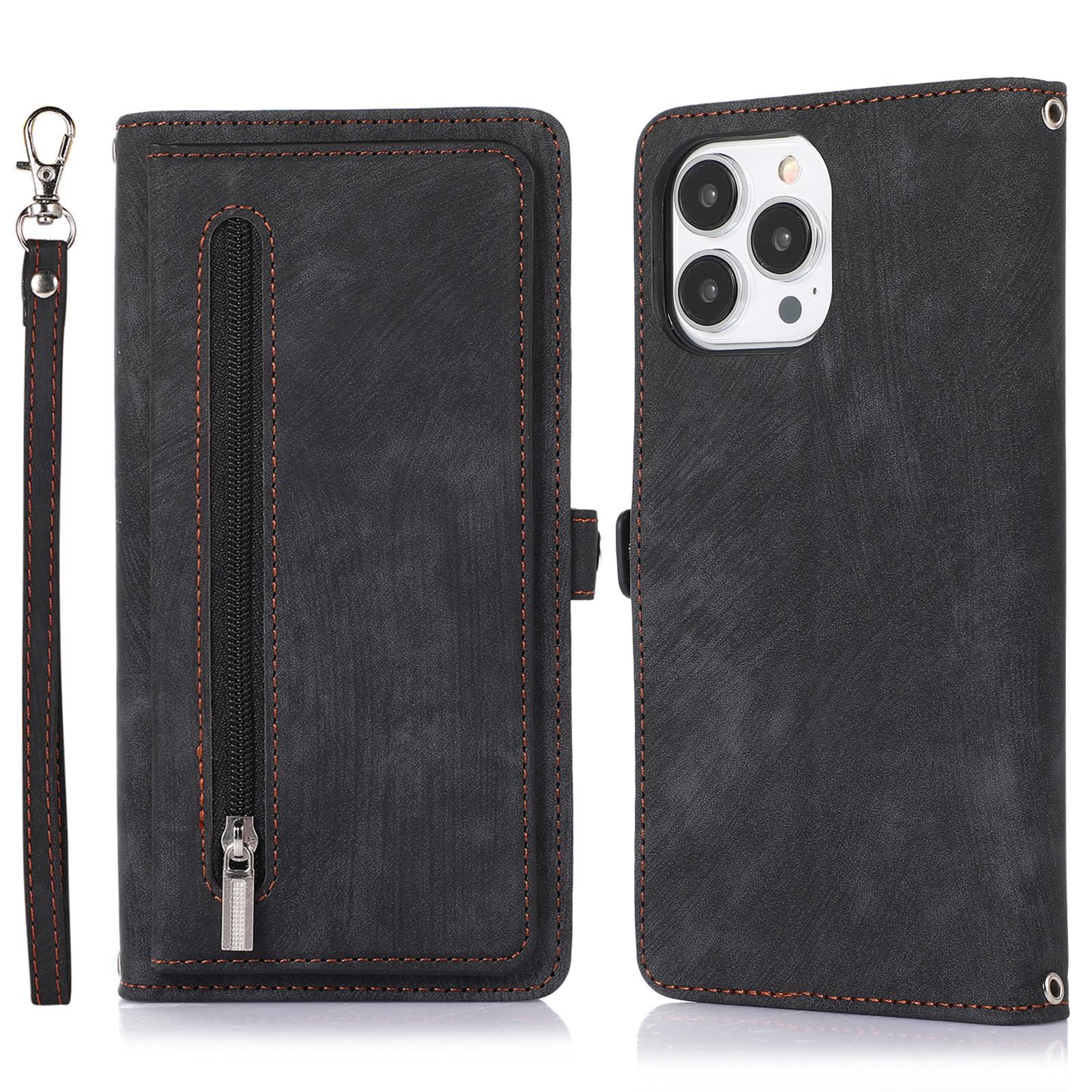 

For iPhone 16 Pro Case Zipper Pocket 9 Card Slots PU Leather Phone Cover with Wrist Strap Black