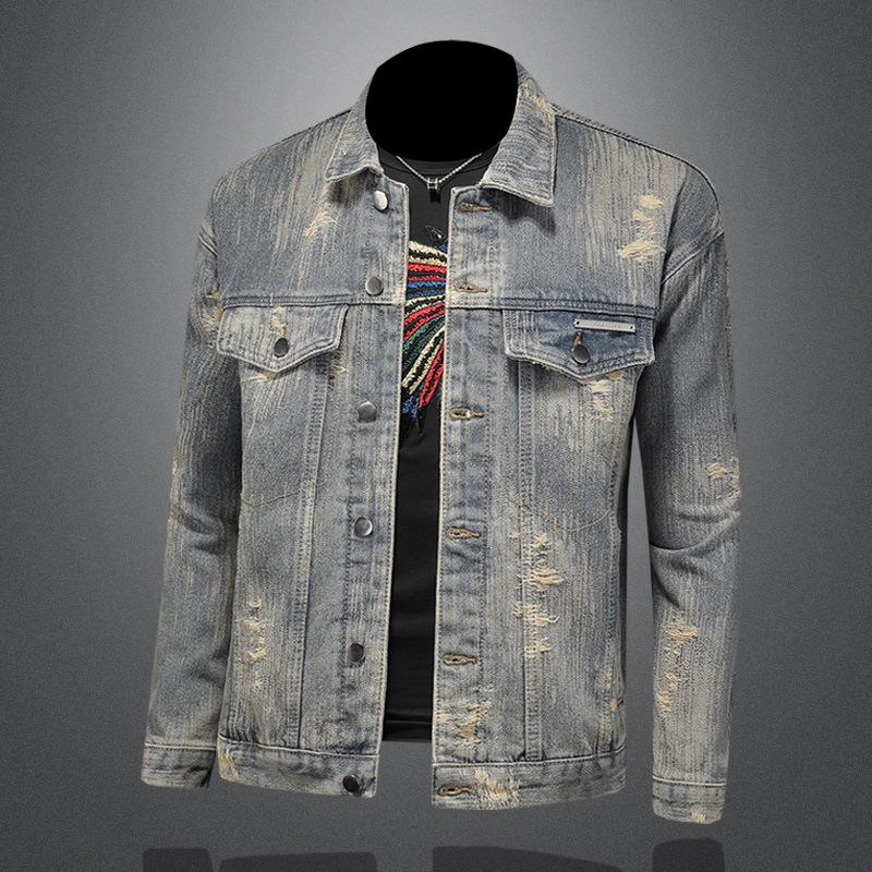Men's Retro Ripped Washed Jacquard Denim Jacket - Casual & Cool