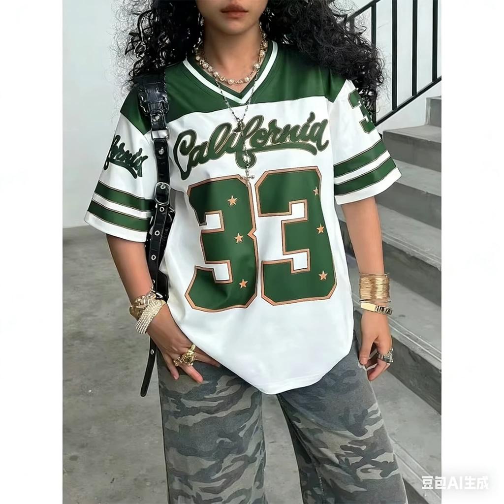 Women's Girls Casual Personality Number & Letter Printing Soccer Pattern Color Block Short Sleeve V-Neck Children T-shirt Tops