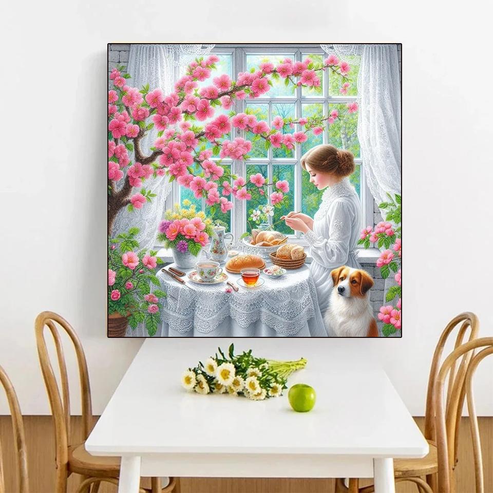 5D DIY Cartoon Square Diamond Painting Kit Woman And Flower Cross Embroidery Handmade Renovation Mosaic Art Gift 2024 New