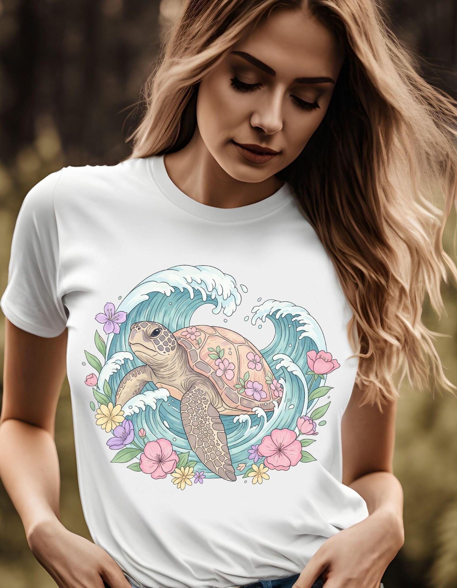 Turtle Wave Tee, Beach Tshirt, Summer Vibes, Ocean Wildlife Gift, Tropical Flowers Shirt, 5 colors, Vacation tee XL
