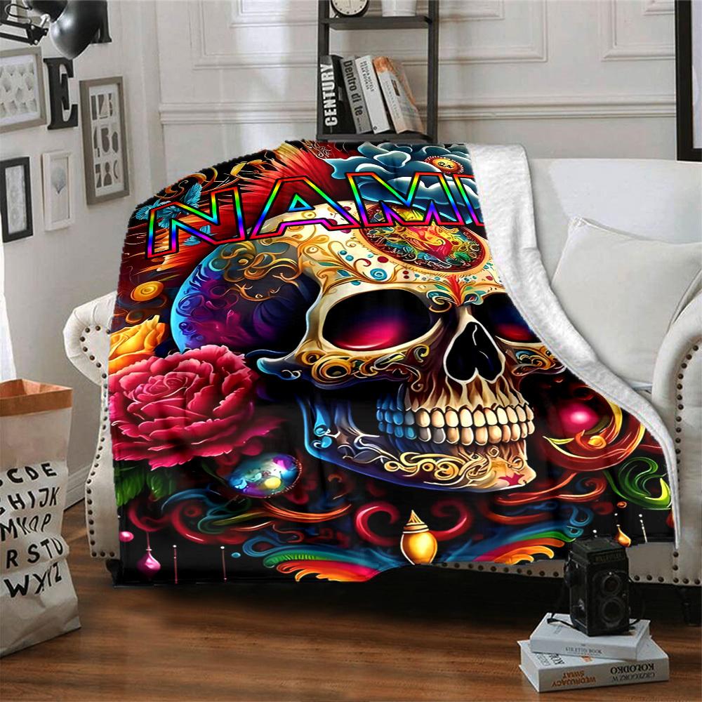 Colorful Skull Adorned With Intricate Patterns And Vibrant Flowers With The Word Prominently Displayed Gift Customizable Blanket Personalized Name