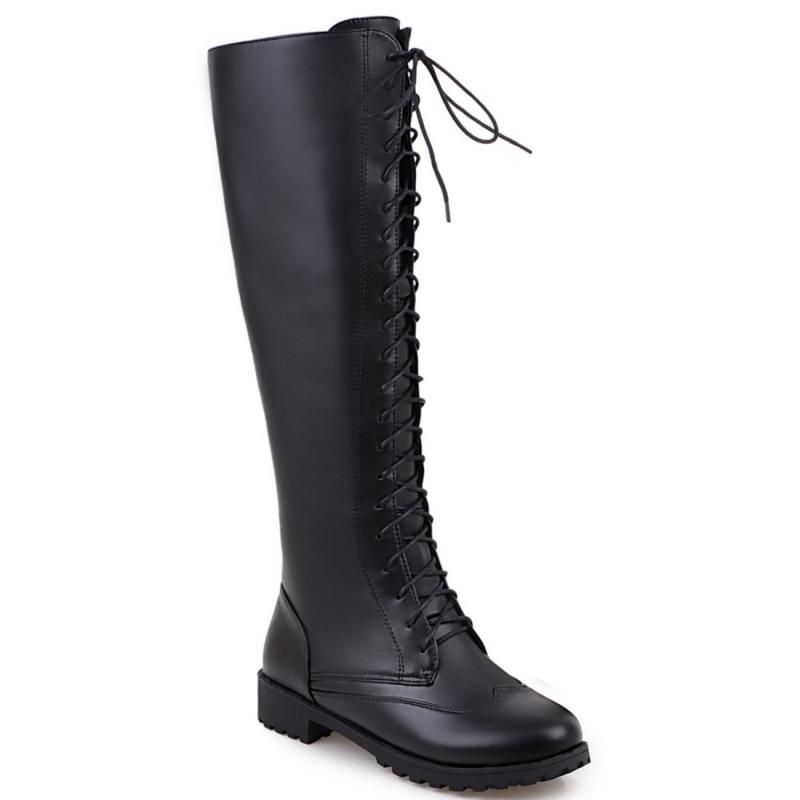 

Ботинки до колена на шнуровке Женская зимняя обувь Низкий каблук Женские высокие сапоги Черные Высокие Длинные Обувь для верховой езды Большой размер 38 чёрный