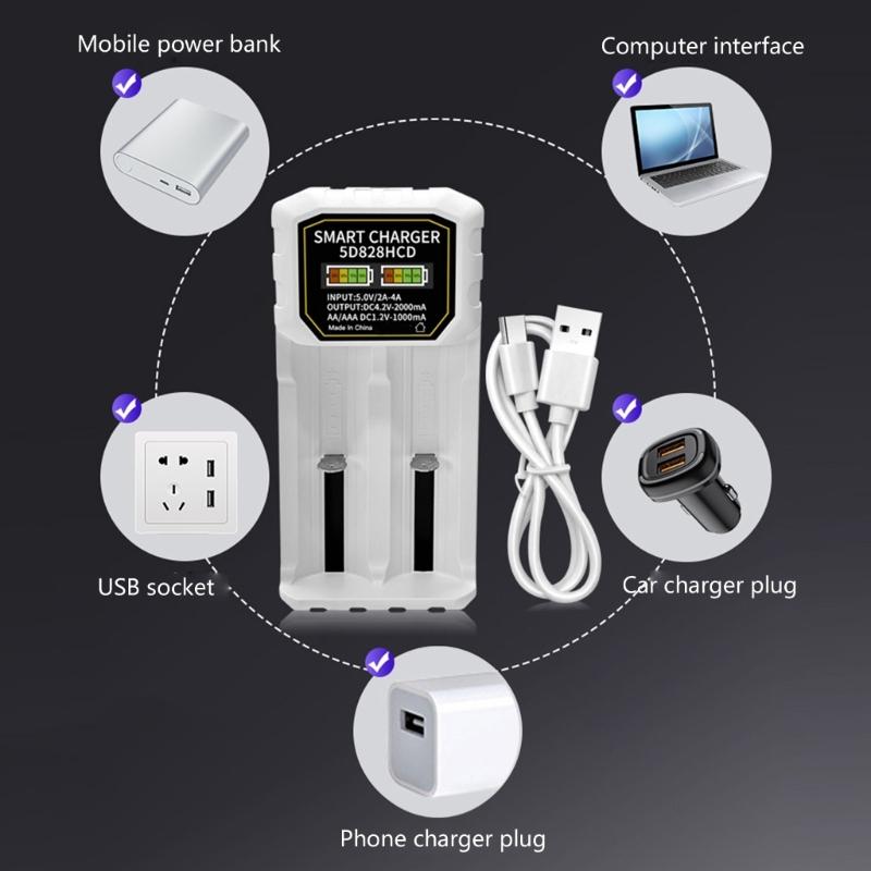 Double Slot USB C Battery Charging Universal For 2A 3A 14500 18650 21700 26650 Batteries With Intelligent Recognition