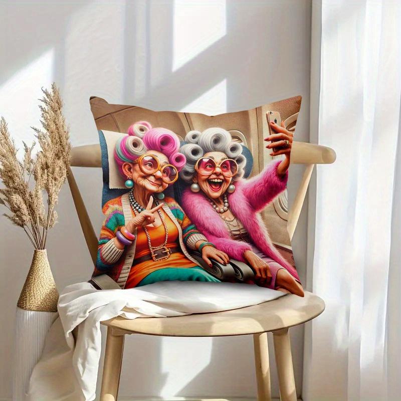 1Pc Grandma Selfie On Plane Print Throw Pillow Cover,Suitable For Sofa,Bedroom,Living Room,A Stylish Gift For Best Friends