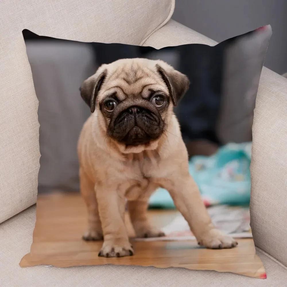 VIKAMA Nordic-Style Adorable Dog Cushion Cover Pug Print Cushion Cover Bedroom Living Room Sofa Decorative Cushion Cover