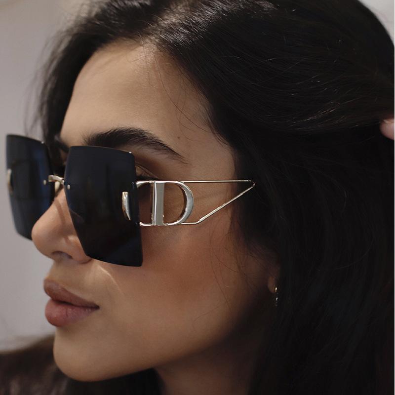 Gafas de Sol sin Montura con Adorno de Diamantes Marea para Mujer Patilla Hueca Gafas de Sol de Montura Grande Gafas para Mujer