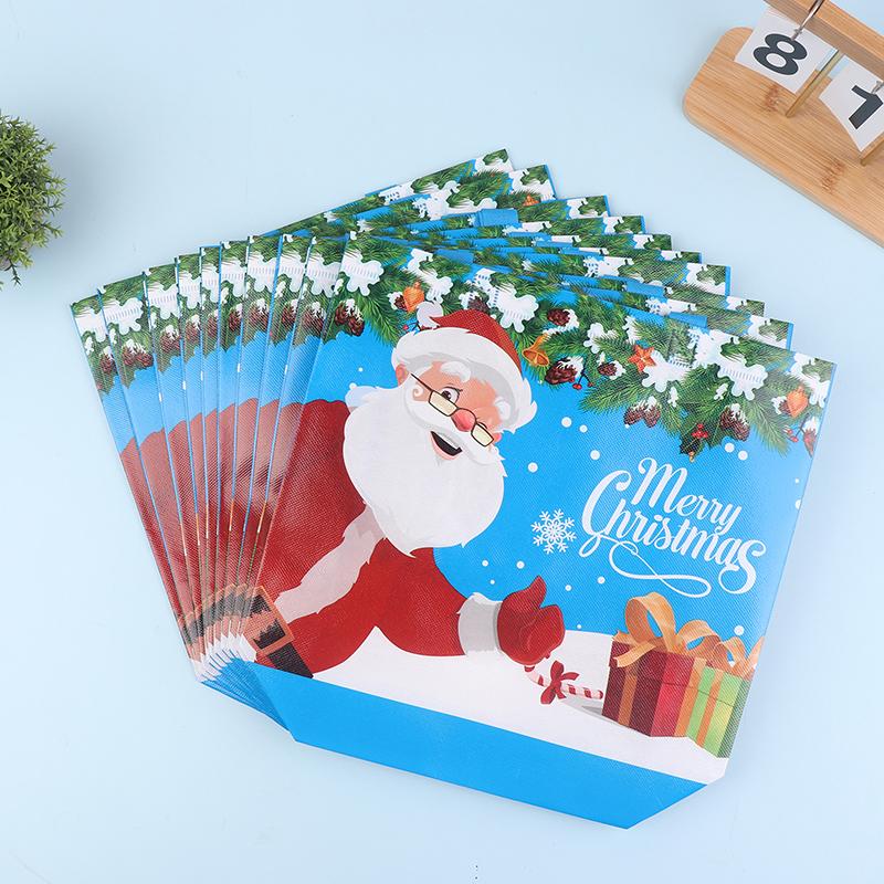 10Pcs Tote Bags Santa Elk Snowflake Tote Bags Thickened Non-Woven Printed Waterproof Bags Christmas Gift Decoration Bags