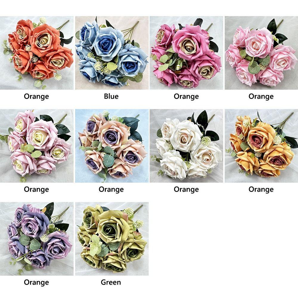 Silk Petal Artificial Flower Rose Multicolor Faux Eucalyptus Leaves  Gift