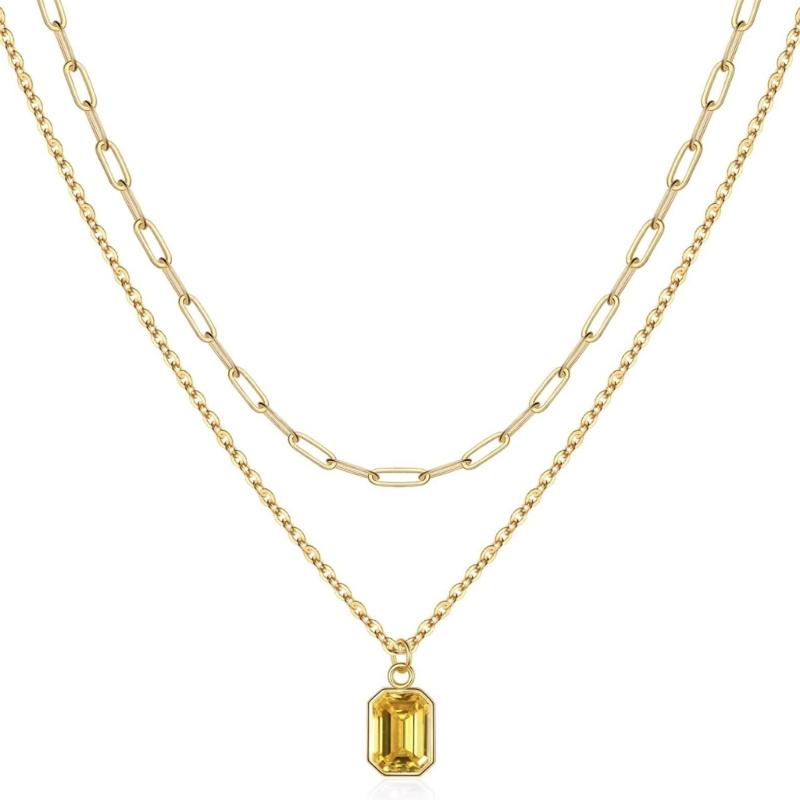 Elegant Double Layer Necklace Featuring December Birthstones And 18k Gold Plating Rectangular Design Neckchain For Women