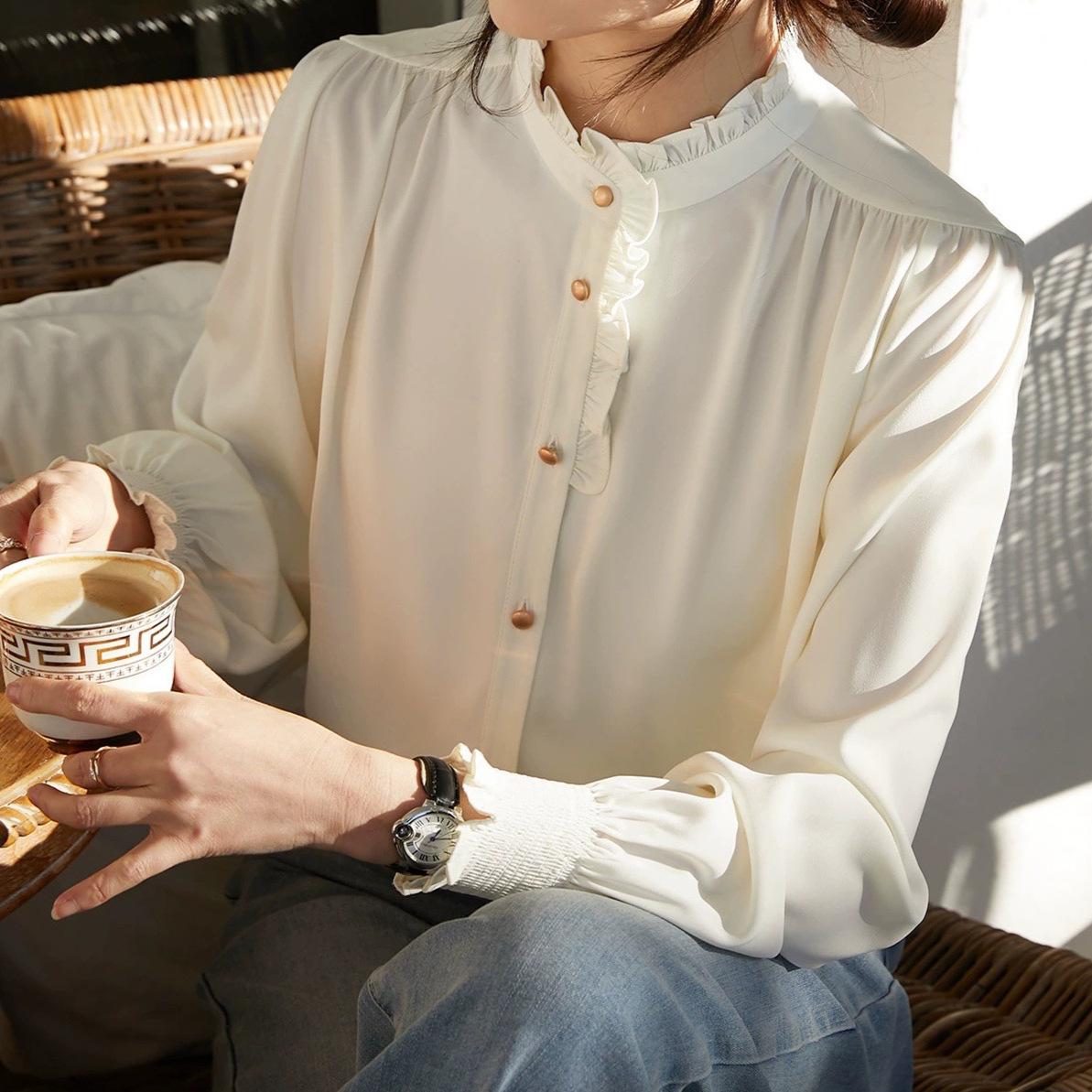 

Французский Повседневный Темперамент Воротник-стойка Новый Стиль Черная Рубашка с Ушками XL