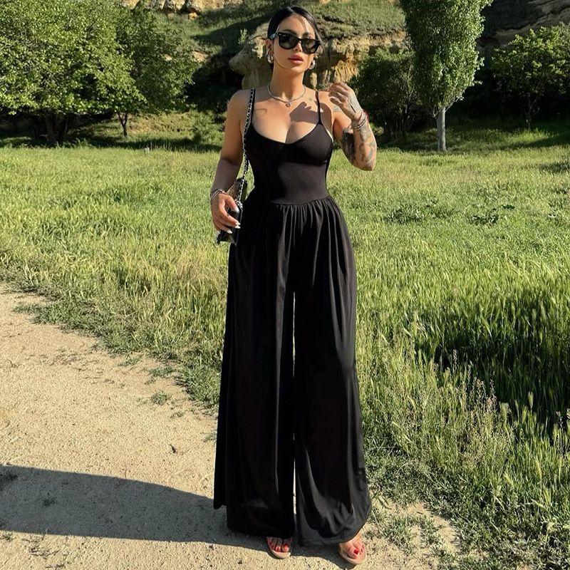 

and American Women s Clothing Adult Lady like Woman Style Sexy Hollow-out Camisole Open Back Jumpsuit Patchwork Design Casual High Waist Flared Pants Black L