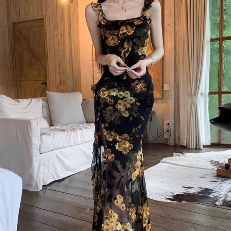 French Retro Temperament Imperial Sister Style Printing Lotus Leaf Edge Suspender Dress Summer Split Hip Wrap Dress