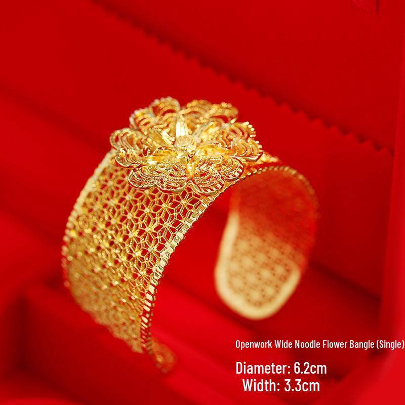 Chinese Dragon & Phoenix Retro Gold Bangle for Bride Xiuhe Dress