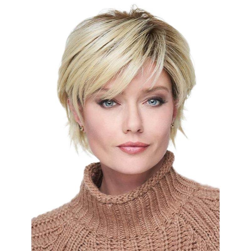 

Светло-русый парик с эффектом омбре, синтетические парики для белых женщин, короткие волосы с челкой, парик с темными корнями, натуральный вид, термостойкое волокно