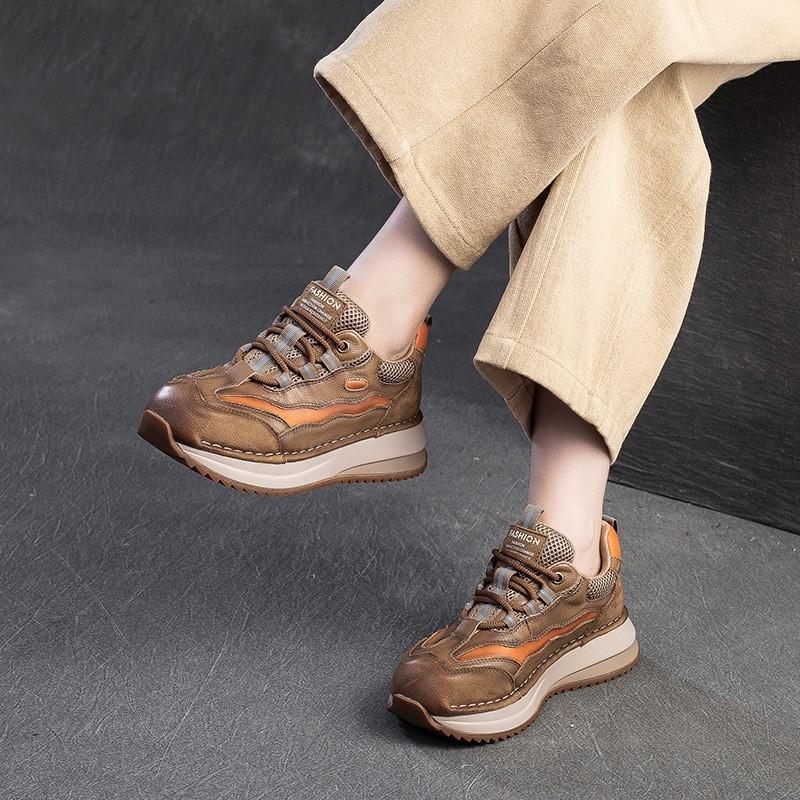 Johnature Thick Soled Mixed Colors Retro Genuine Leather Splicing Breathable Mesh Casual Sports Women's Shoes