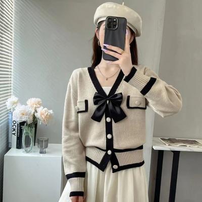 French Fragrance Bow Single Breasted Contrasting Color Knitted Sweater Cardigan Jacket Women's Autumn and Winter New Style