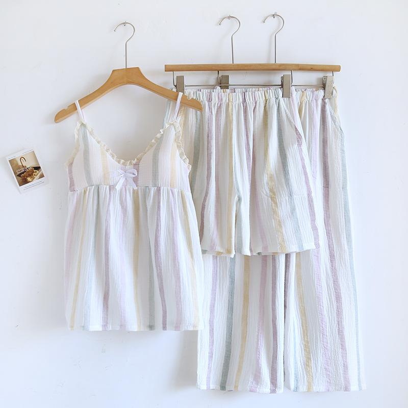 2025 Summer New Women's Pajama Set 100% Pure Cotton Crepe Sling+Shorts+Crop Pants Three Piece Set with Chest Cushion Home Fury