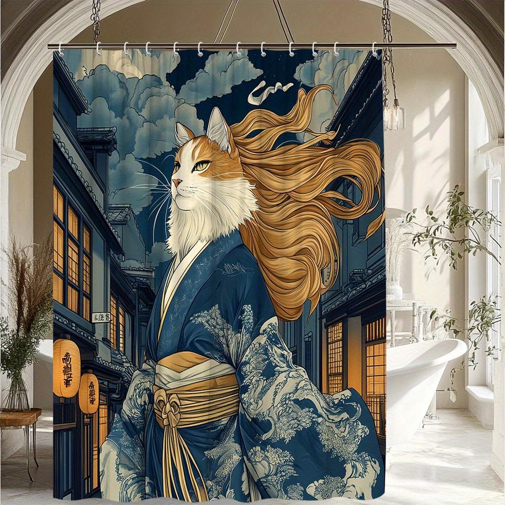 

1pc Cat Shower Curtain Warrior Cat House Pattern Japanese Style Cartoon Animal Shower Curtain with 12 Hooks Easy to Install Size 90x180cm