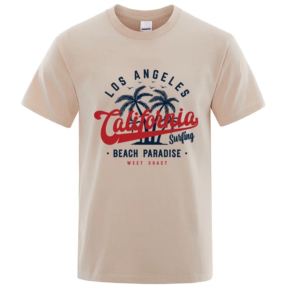 Camiseta de algodão gola redonda maskulina, topy de verão, roupas respiráveis, Los Angeles California Beach Paradise Fashion