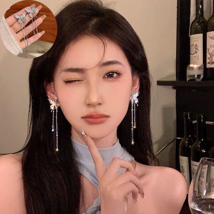 Korean-Style High-End Tassel Bow Earrings - Elegant Long Design for Women