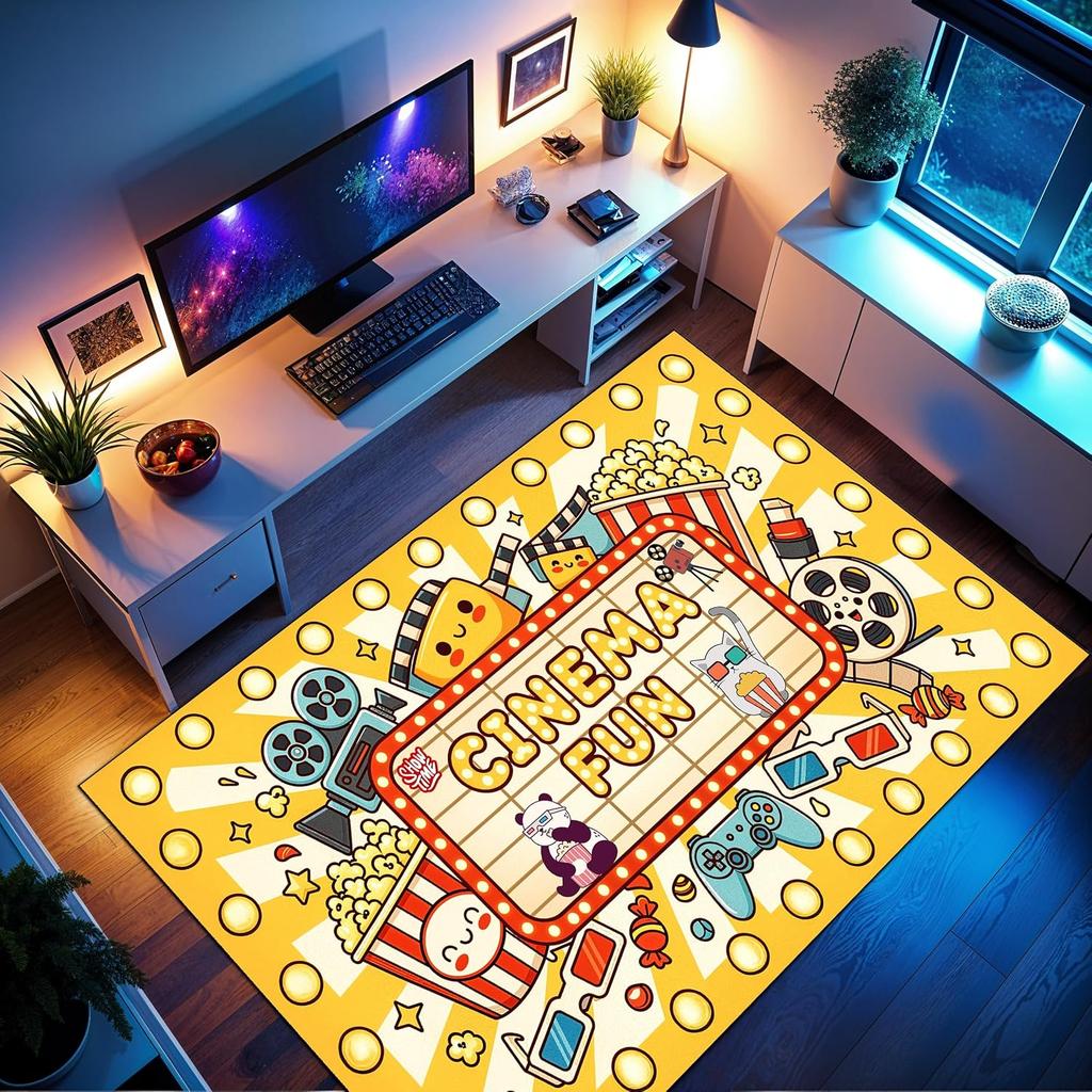 Movie Night Cinema Washable Rug, Soft Non-Slip Carpet for Home Theater Living Room, Retro Pop Culture Decor Floor Mat