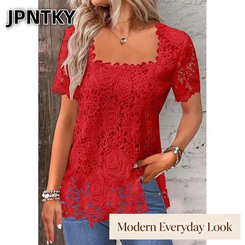 JPNTKY Women's Fashion Casual Solid Color Print Short Sleeve Square Collar Blouses & Shirts