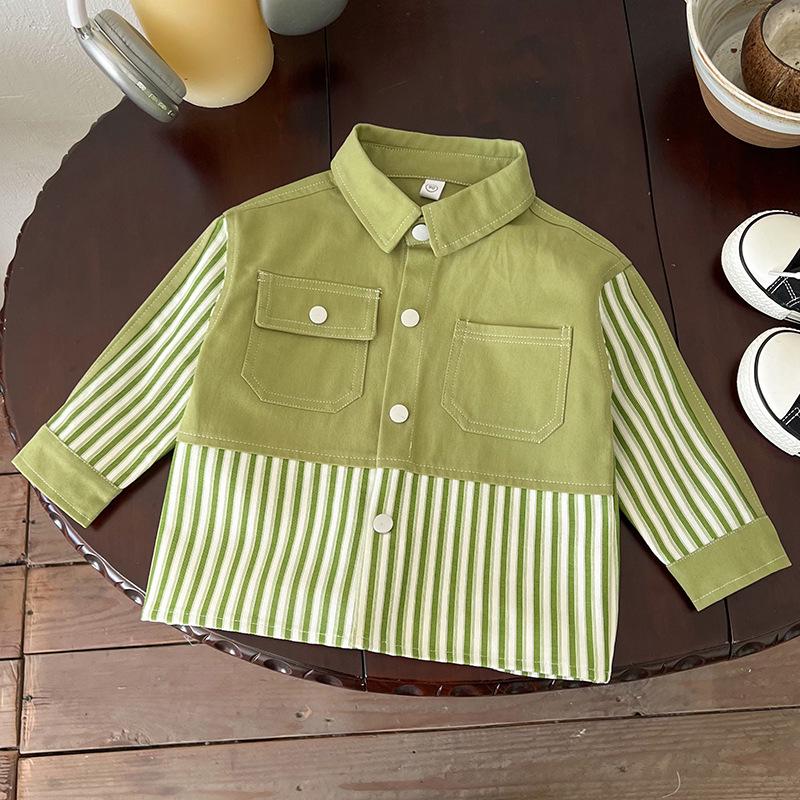 Boys  2025 Autumn Striped Patchwork Long Sleeve Shirt-Jacket 110 cm