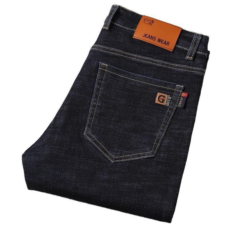 

2024 Мужские эластичные узкие прямые джинсы на весну и осень - Деловые повседневные свободные зимние брюки для среднего возраста 1832, 38 синий/чёрный