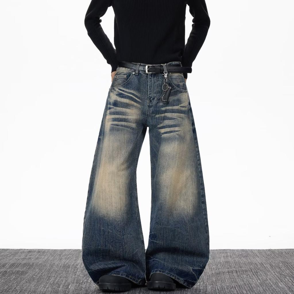 American Vintage Washed Distressed Catwhisker Bamboo Pattern Jeans for Men, Loose Wide-leg Curved Knife Pants In Stock