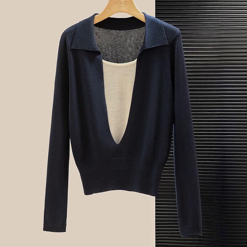 Женский трикотажный свитер с контрастным воротником, имитация двойки One Size