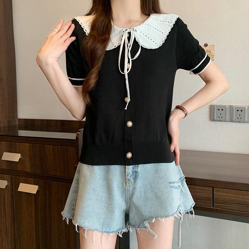 Korean Version Contrasting Doll Neck Knitted Base Shirt Women's Spring and Autumn Chic Bow Tie Short Top
