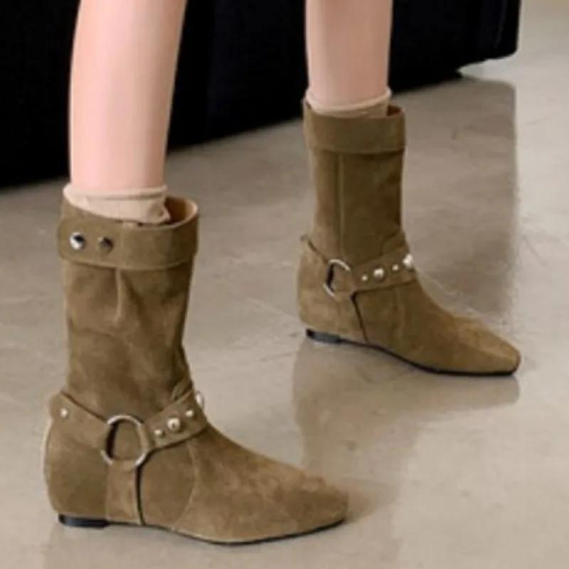 2024 Suede Women's Ankle Boots Low Heel Rivets Women's Shoes Winter New Women's Fashion Show Classic Ankle Boots Botas Mujer