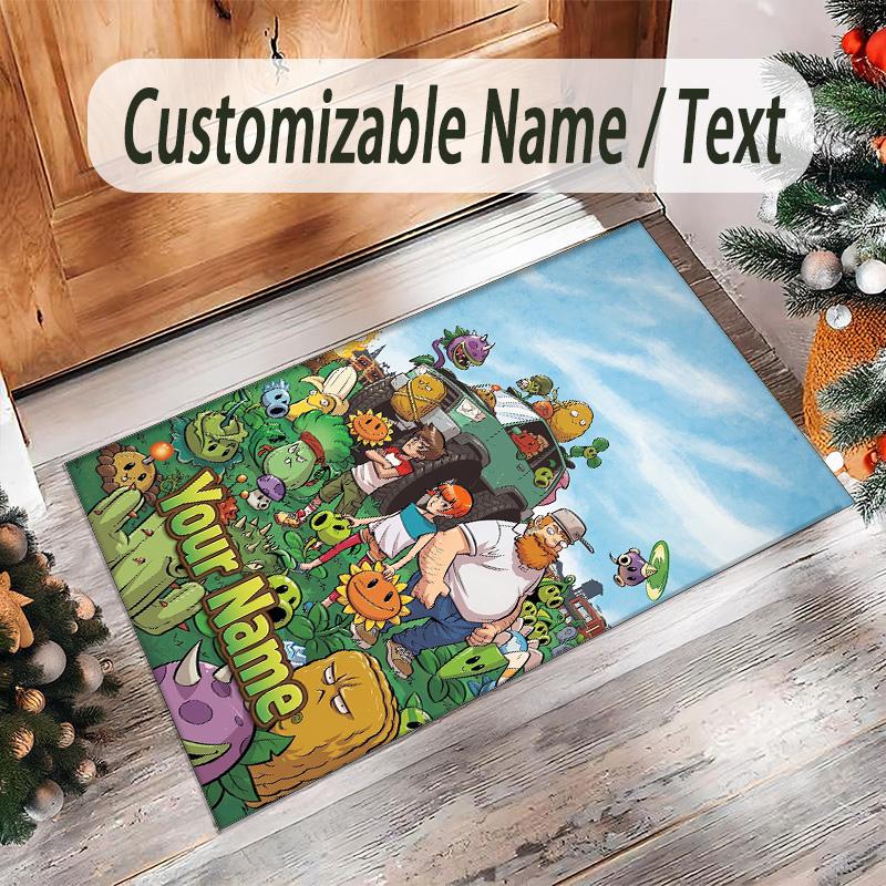 Personalized Crystal Velvet Carpet Custom Name Text,Plants vs. Zombies Anti Slip Area Rug For Home Decoration