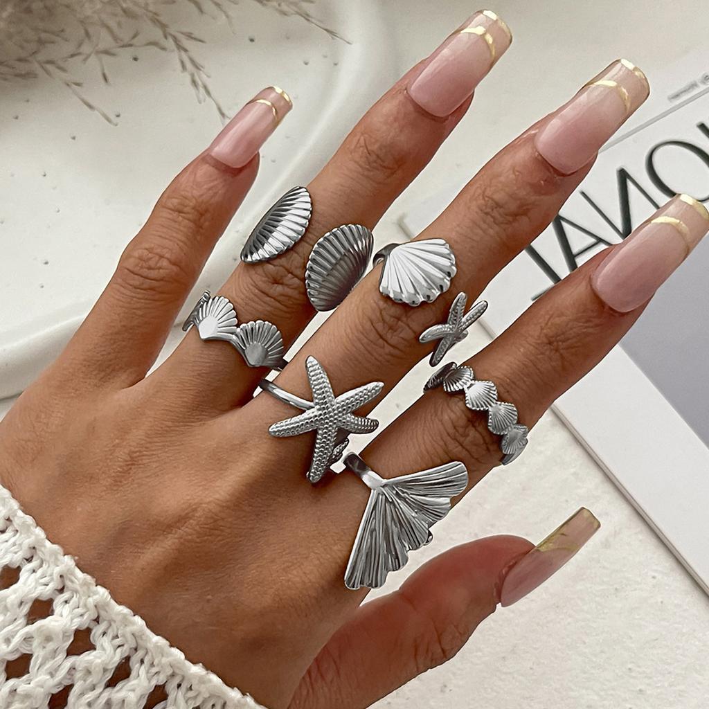 Ocean Wind Starfish Scallop Shell Ring Set Design Sense Irregular Metal Sun Flower Ring