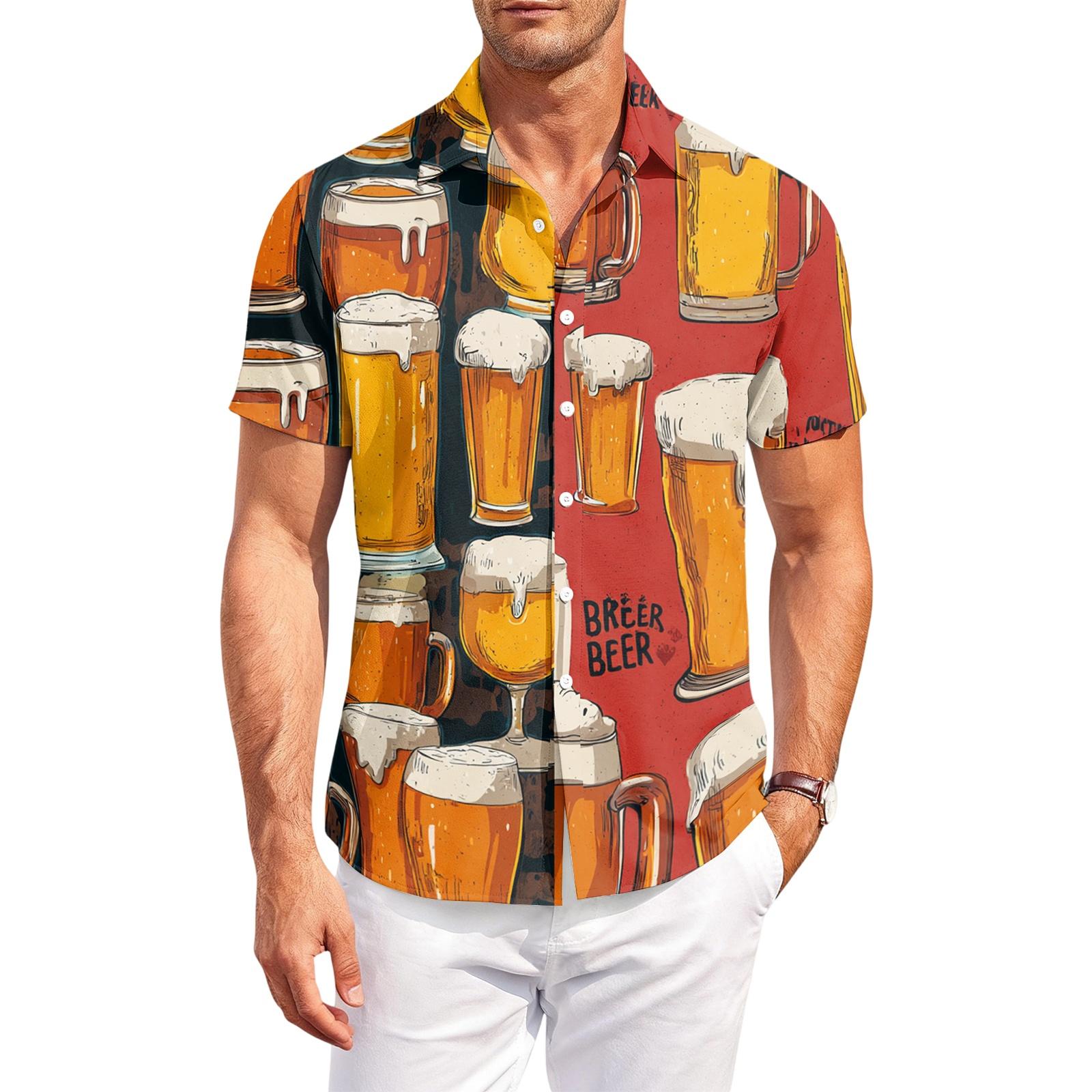 

Men s Casual Loose Fit Short Sleeve Shirt Button Down Beer Print Lightweight Breathable Fabric Summer Top XXXL