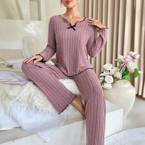 2Pcs/Set Women Pajamas Set V-Neck Long Sleeve Lace Trim Tops Elastic Waist Long Pants Set Solid Color Ribbed Sleepwear