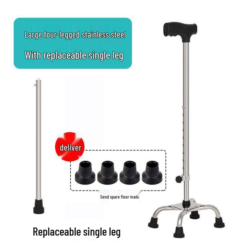 Adjustable Non-Slip Four-Legged Cane for Seniors - Lightweight Stainless Steel Walking Stick