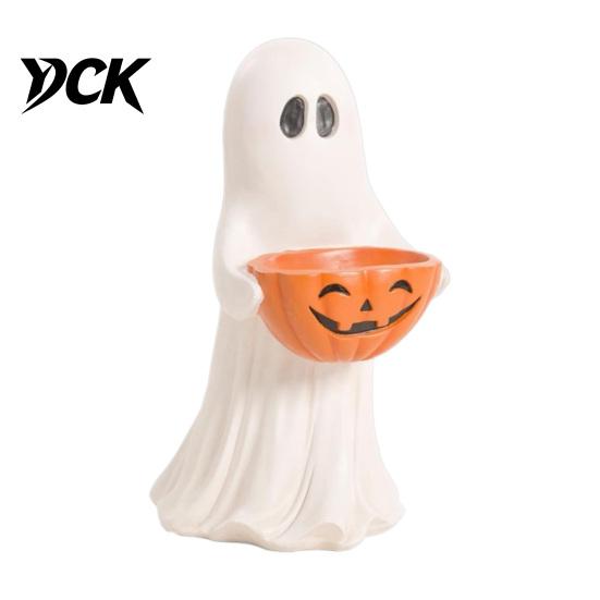 Halloween Table Decorations Resin Ghost Statue with Pumpkin Candy Bowl for Decor, Detailed Tabletop Figures Cute Desktop Organizer Living Room Bedroom