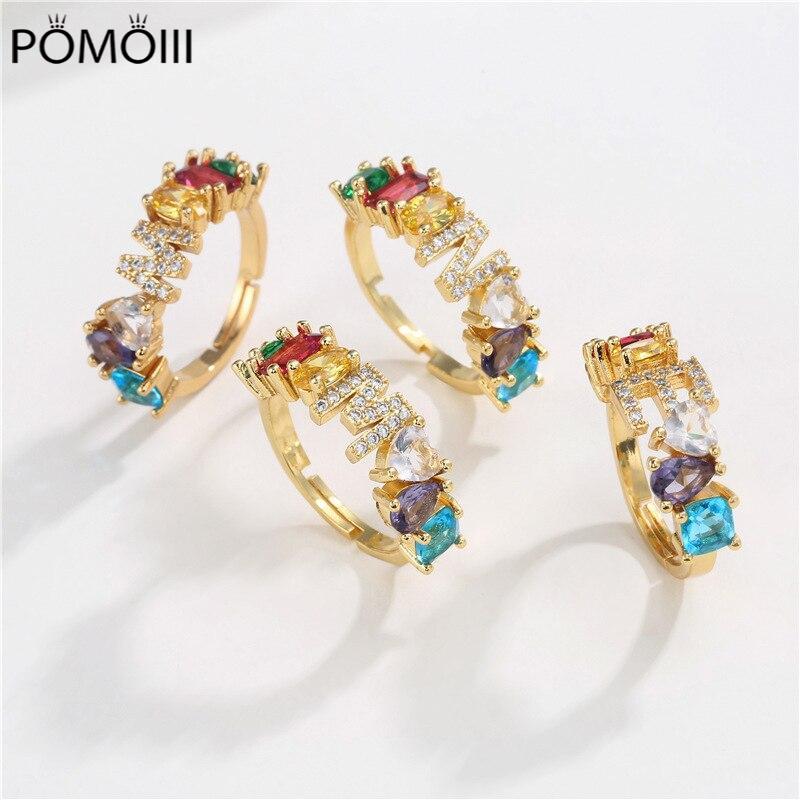 Copper Adjustable A-Z 26 Initial Letter Ring For Women Crystal Gold Color Cubic Zirconia Bohemian Wedding Jewelry Gift VRI303