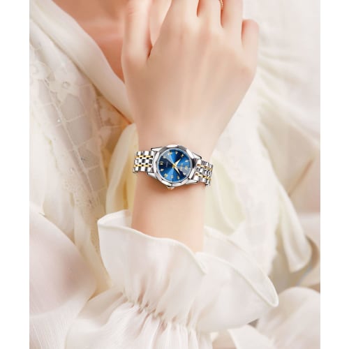 OLEVS Popular Women's Blue Waterproof Watch with Stainless Steel Band and Date Display, Analog Quartz Movement, Perfect As a Gift for Stylish Women, S