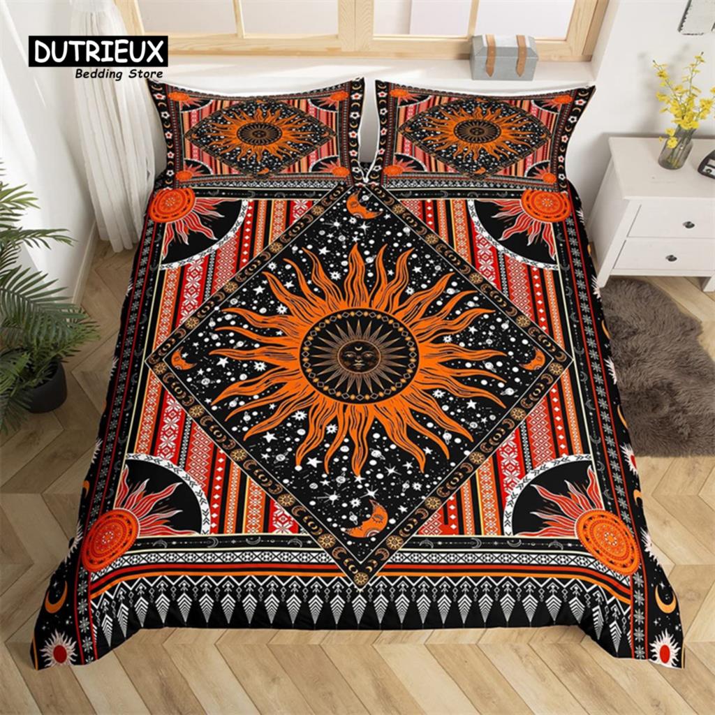 Comforter Sun And Moon King Queen Starry Sky Galaxy Trippy Bedding Set For Kids Adults Microfiber Boho Geometric