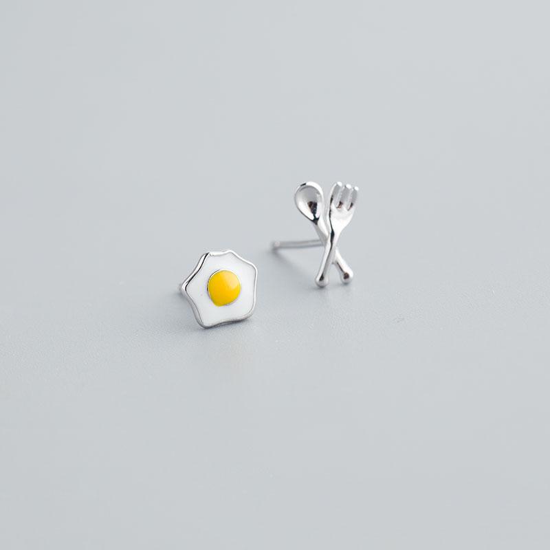 Fashion Asymmetric Fried Egg Fork Spoon Stud Earrings For Women
