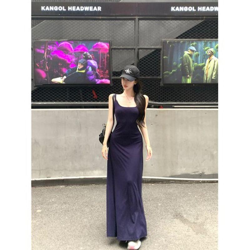 Kumikumi Pure Desire Style Sexy Gray Sling Dress Women Summer With Chest Pad Slim fit Backless Sheath Long dress