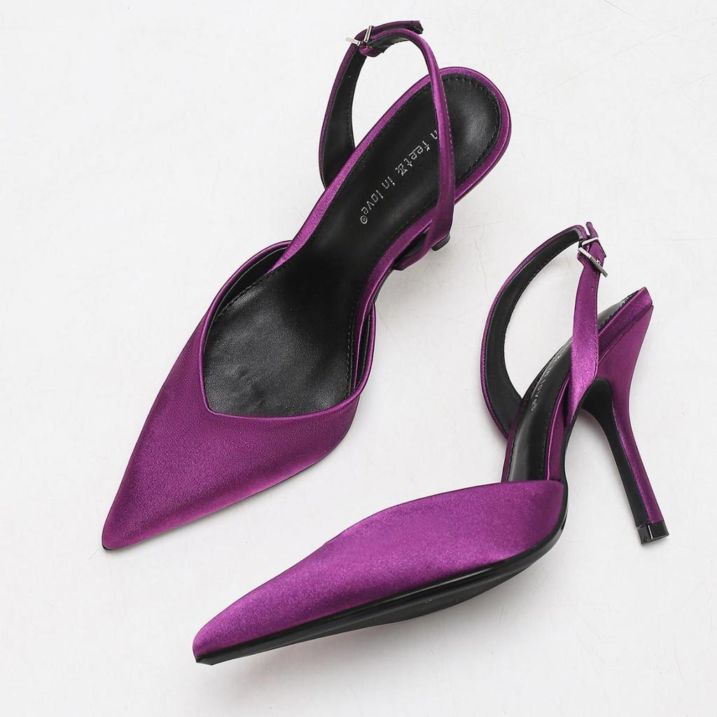 Sandalias de Verano 2025 para Mujer, Estilo Retro Francés, de Seda, con Tira Trasera y Tacón de Aguja