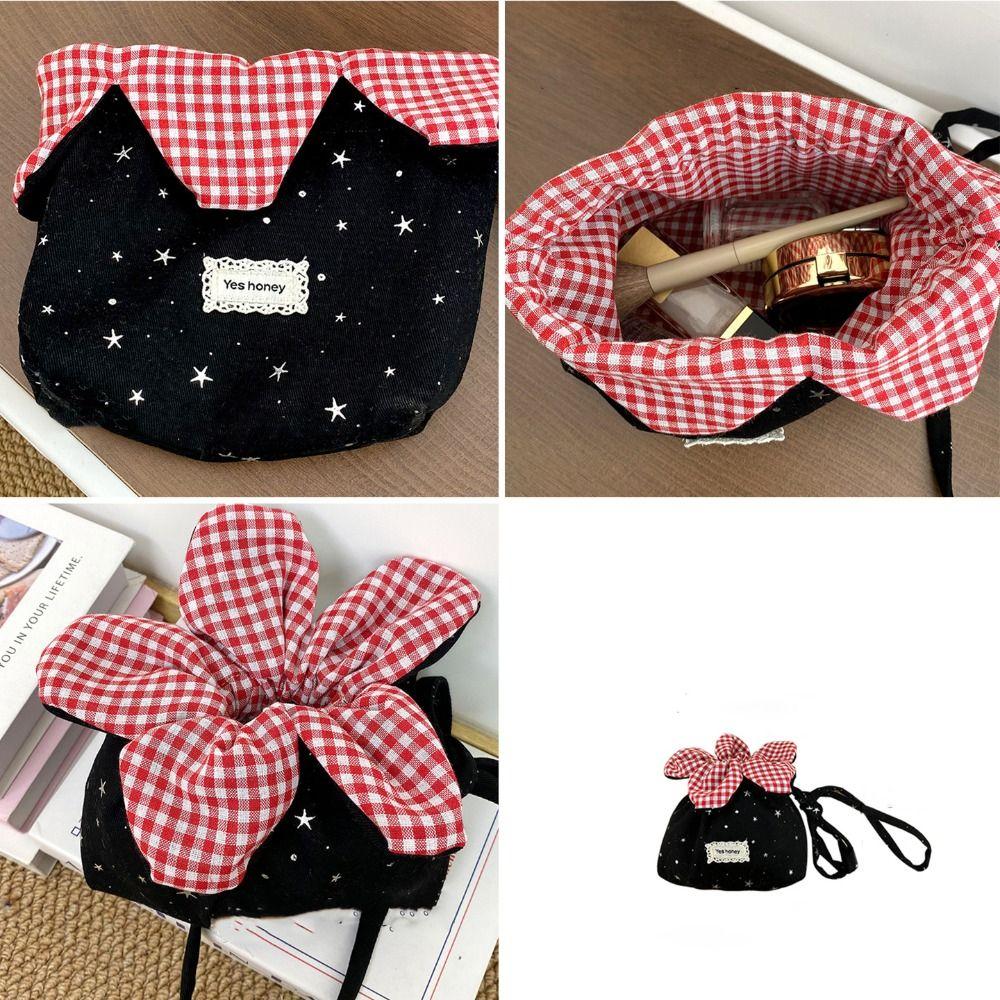 Bundle Pocket Flower Drawstring Crossbody Bag Plaid Cute Canvas Shoulder Bag Korean Style Portable Sparkly Star Flower Bag