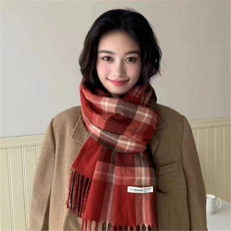 Red Scarf for Women in Winter Korean Style Plaid Versatile Warm High End Trendy New Year Gift Christmas Scarf Shawl