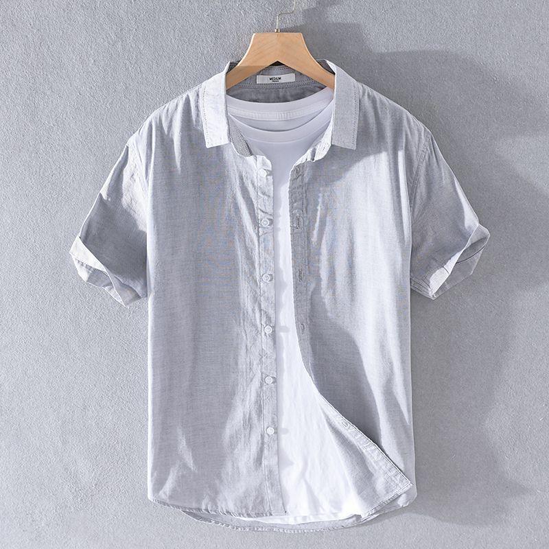 Men's White Slim-Fit Short-Sleeve Oxford Shirt with Square Collar